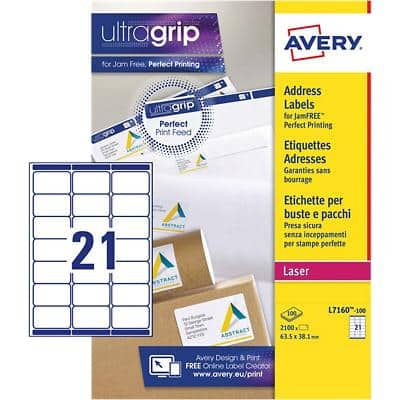 AVERY Zweckform Abziehhilfe QuickPEEL,ultragrip Adressetiketten L7160-100 Ja DIN A4 Weiß 63,5 x 38,1 mm 100 Blatt à 21 Etiketten