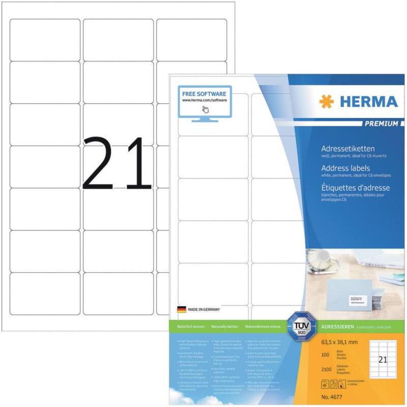 HERMA Adressetiketten 4677 Weiß DIN A4 63,5 x 38,1 mm 100 Blatt à 21 Etiketten
