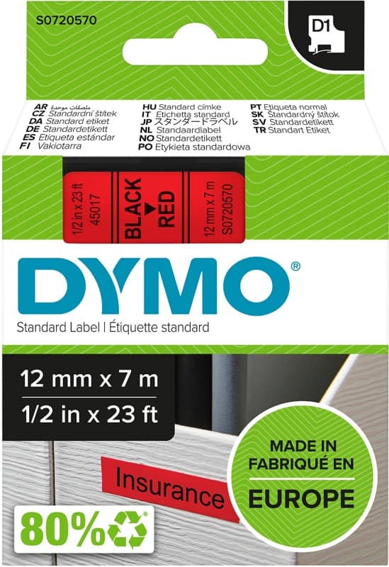 DYMO D1 Beschriftungsband Authentisch 45017 S0720570 Selbsthaftend Schwarz auf Rot 12 mm x 7 m