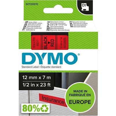 Dymo D1 S0720570 / 45017 Authentic Schriftband Selbstklebend Schwarzer Druck auf Red 12 mm x 7m