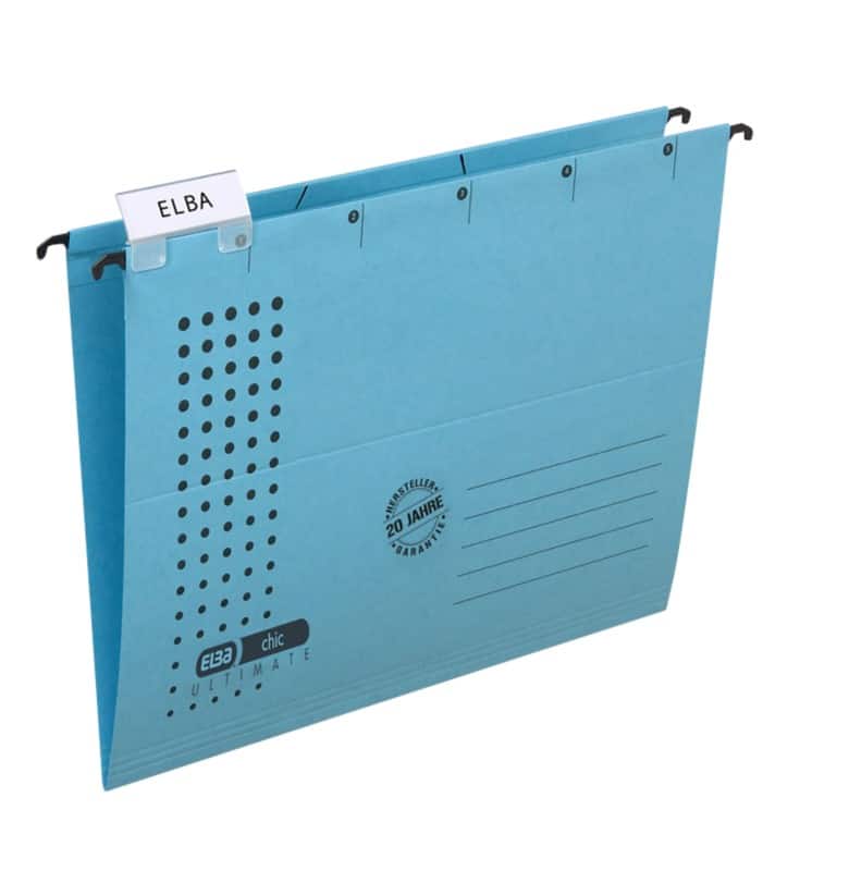 ELBA chic ULTIMATE Hängemappen DIN A4 V-Boden 230 g/m² Blau Blauer Engel UZ56 (Recyclingkarton Schreibwaren) 5 Stück