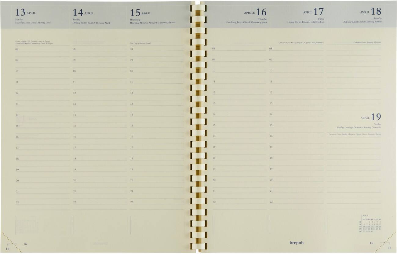 Brepols Terminkalender Nachfüllung Concorde A4 2026 1 Woche/2 Seiten Papier Creme Deutsch, Englisch, Französisch, Italienisch, Niederländisch, Spanisch 21,5 x 1,3 x 26,8 cm