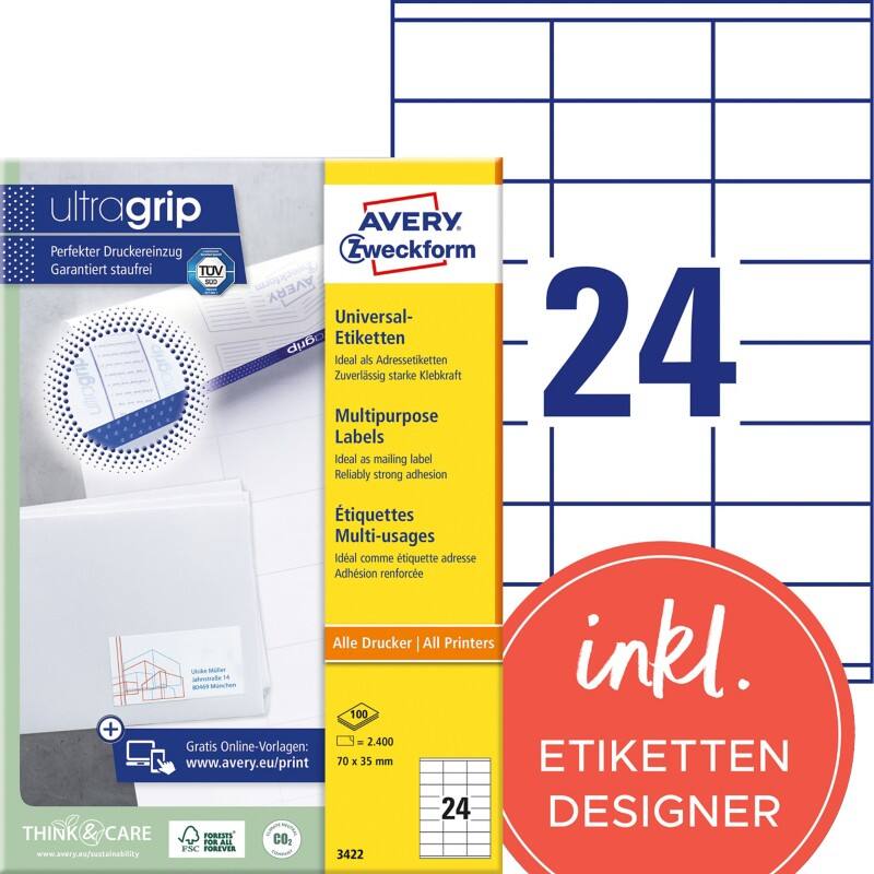 AVERY Zweckform ultragrip Universaletiketten 3422 Selbsthaftend DIN A4 Weiß 70 x 35 mm 100 Blatt à 24 Etiketten