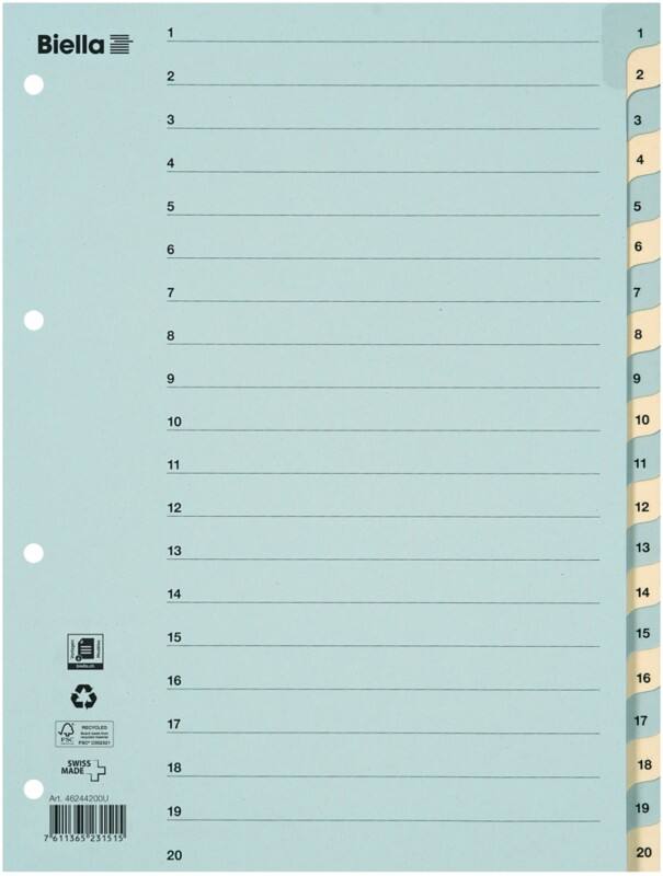 Biella 1 bis 20 Zahlenregister DIN A4 Blau, Gelb 20-teilig 4 Löcher 0462442.00