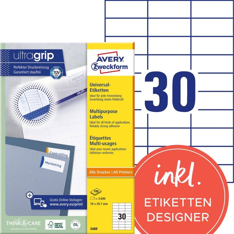 AVERY Zweckform ultragrip Universaletiketten 3489 Selbsthaftend DIN A4 Weiß 70 x 29,7 mm 100 Blatt à 30 Etiketten
