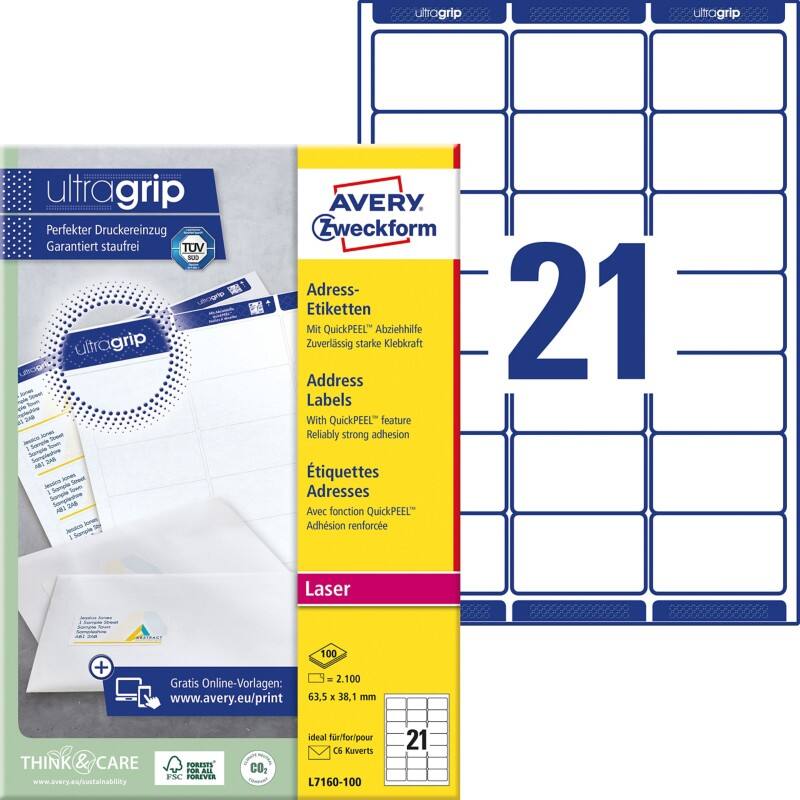 AVERY Zweckform Abziehhilfe QuickPEEL, ultragrip Adressetiketten L7160-100 Ja DIN A4 Weiß 63,5 x 38,1 mm 100 Blatt à 21 Etiketten