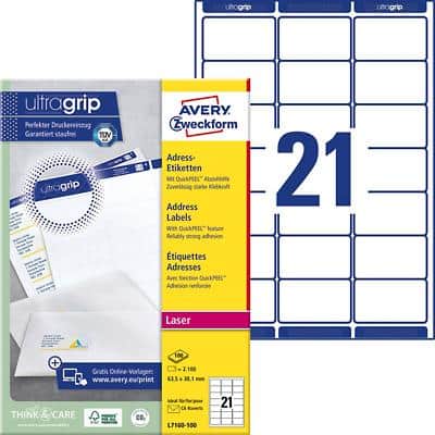 AVERY Zweckform Adressetiketten L7160-100 Ultragrip Weiß DIN A4 63,5 x 38,1 mm 100 Blatt à 21 Etiketten