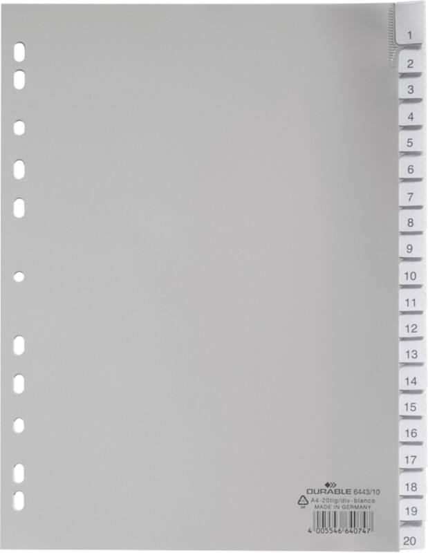 DURABLE 1 bis 20 Zahlenregister DIN A4 Grau 20-teilig PP (Polypropylen) 11 Löcher 6443