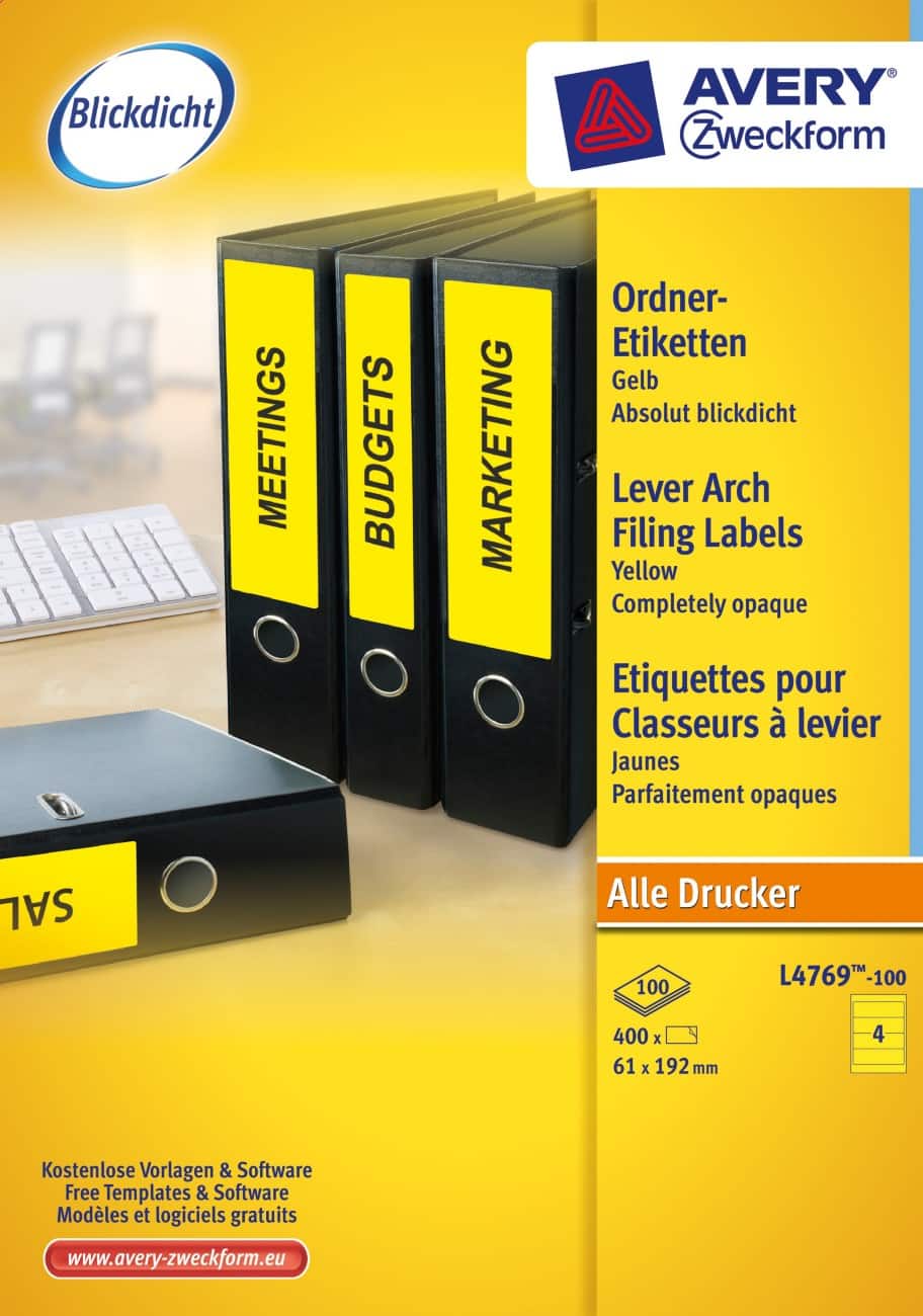AVERY Zweckform Ordneretiketten Haftend Breit DIN A4 6,1 x 19,2 cm Gelb 400 Stück