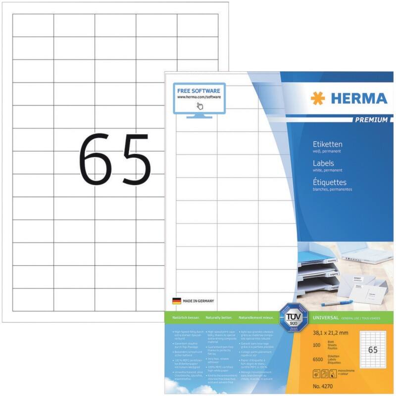 HERMA Universaletiketten 4270 Weiß DIN A4 38,1 x 21,2 mm 100 Blatt à 65 Etiketten