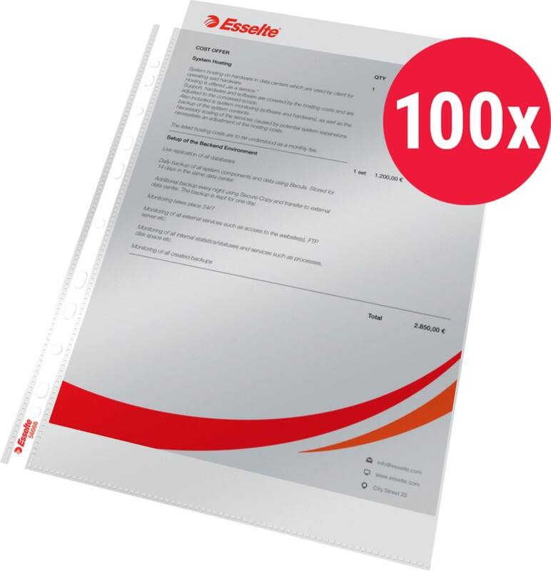 Esselte Prospekthüllen  DIN A4 Glasklar Transparent 55 Mikron PP (Polypropylen) Öffnung oben 11 Löcher 100 Stück