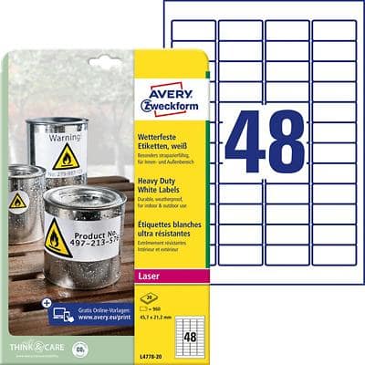 AVERY Zweckform L4778-20 Etiketten DIN A4 Weiß 45,7 x 21,2 mm 20 Blatt à 48 Etiketten
