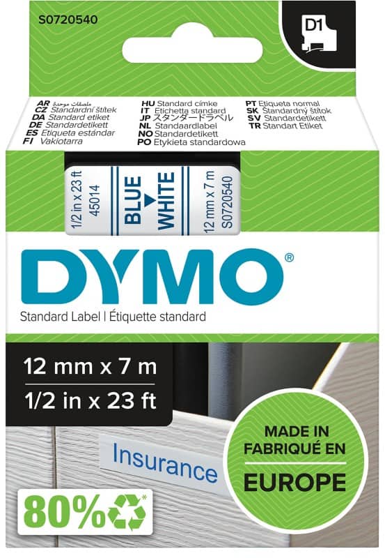 DYMO D1 Beschriftungsband Authentisch 45014 S0720540 Selbsthaftend Blau auf Weiß 12 mm x 7 m