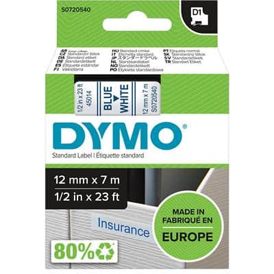 Dymo D1 S0720540 / 45014 Authentic Schriftband Selbstklebend Blauer Druck auf Weiß 12 mm x 7m