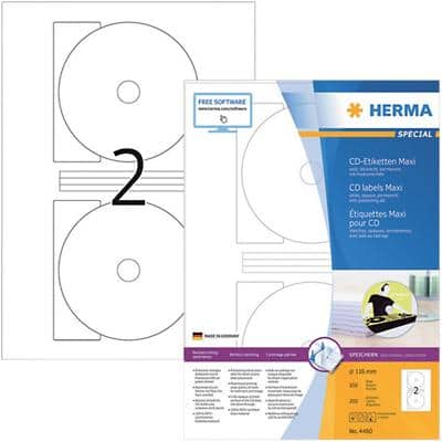 HERMA CD-Etiketten 4460 Weiß DIN A4 116 x 116 x 116 mm 100 Blatt à 2 Etiketten