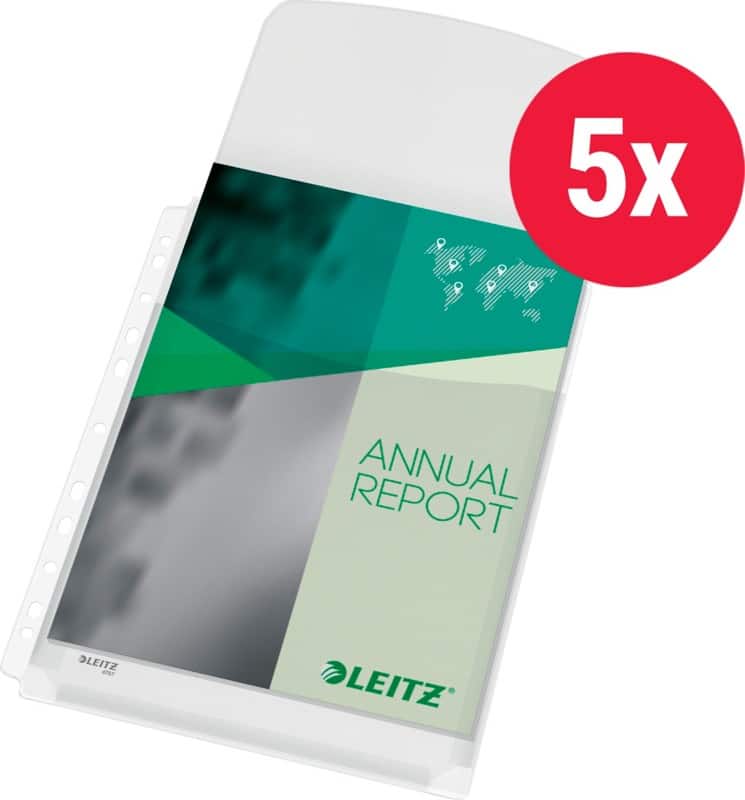 Leitz Prospekthüllen  DIN A4 Genarbt Transparent 170 Mikron PVC (Polyvinylchlorid) Öffnung oben 11 Löcher Maxi 5 Stück