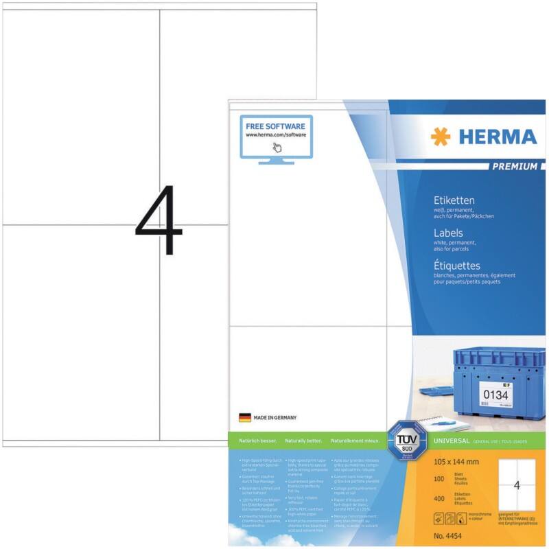 HERMA Universaletiketten 4454 Weiß DIN A4 105 x 144 mm 100 Blatt à 4 Etiketten