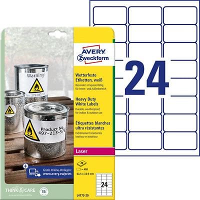 AVERY Zweckform Wasserfeste Etiketten L4773-20 Weiß DIN A4 63,5 x 33,9 mm 20 Blatt à 24 Etiketten