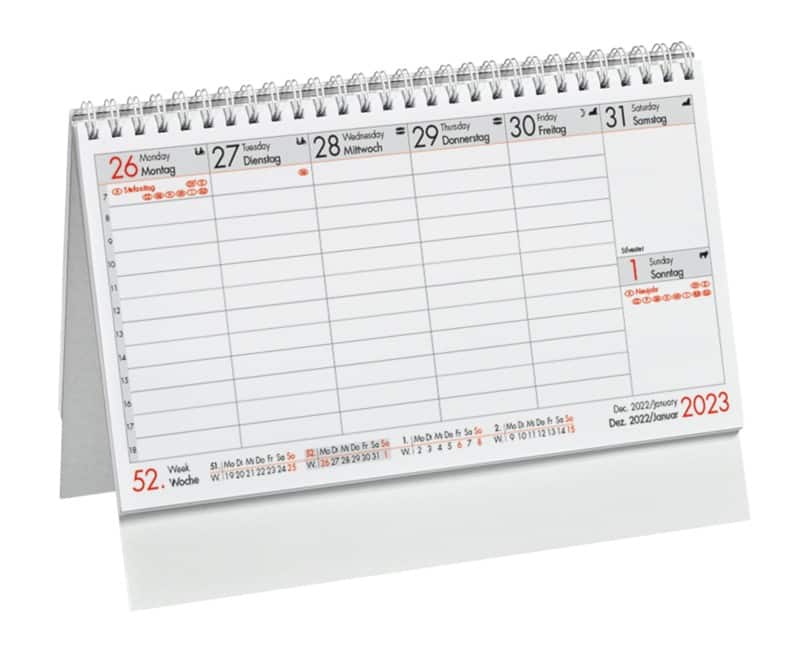 timeLine Schreibtisch-Kalendar 2026 1 Woche pro Seite Deutsch, Englisch, Französisch 22,3 (B) x 16,5 (H) cm Mehrfarbig