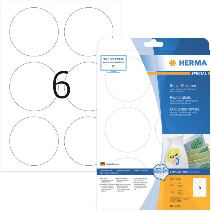 HERMA Etiketten Beweglich 5068 Weiß Rund 150 Etiketten pro Packung