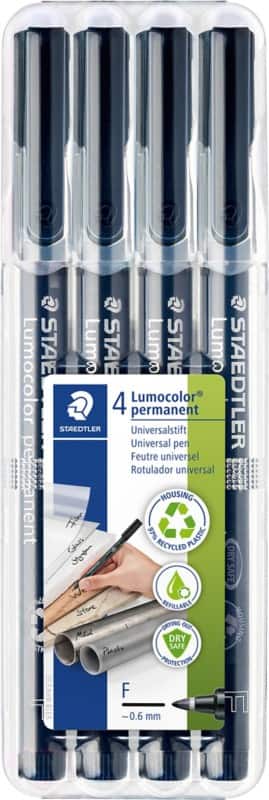 STAEDTLER Lumocolor Universal Permanentmarker 97% Recycelt Fein Rundspitze 0.6 mm Schwarz Nachfüllbar 4 Stück