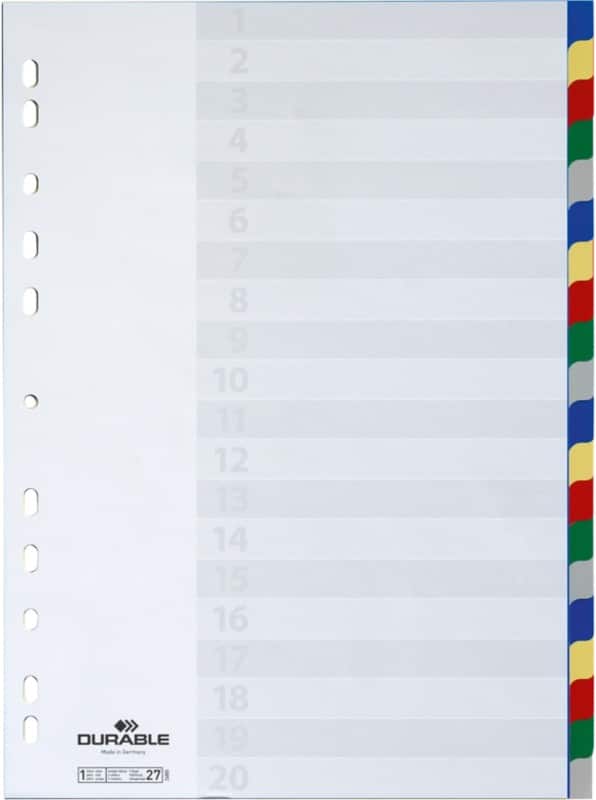 DURABLE Blanko Register DIN A4 Farbig Sortiert 20-teilig PP (Polypropylen) 11 Löcher 6758-27