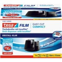 Tesafilm Tischabroller Easy Cut Compact Schwarz + 1 Rolle Klebefilm Kristall-Klar15 mm x 10 m