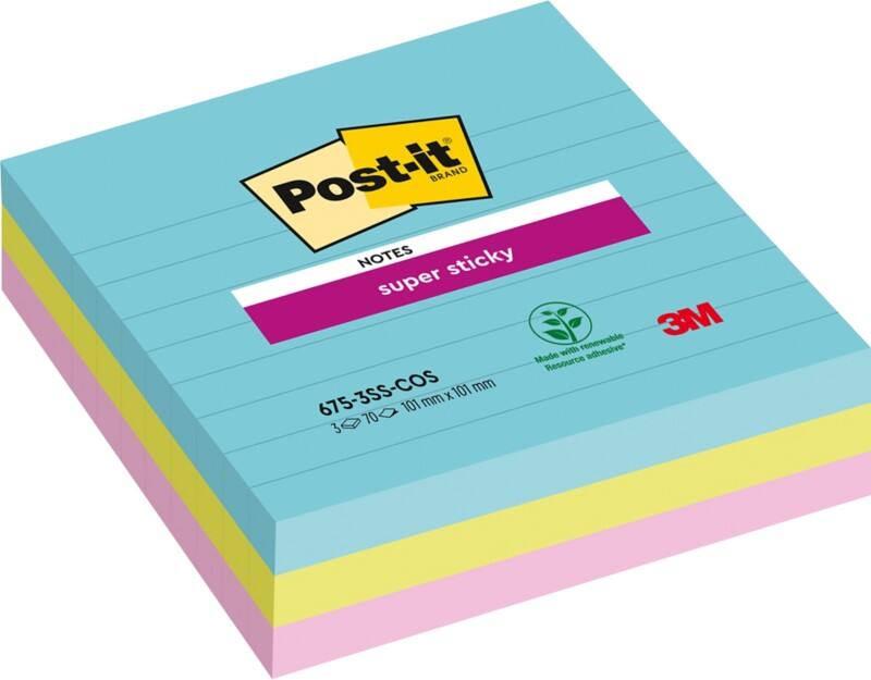 Post-it Miami Haftnotizen 101 x 101 mm Farbig sortiert Quadratisch Liniert 3 Stück à 70 Blatt
