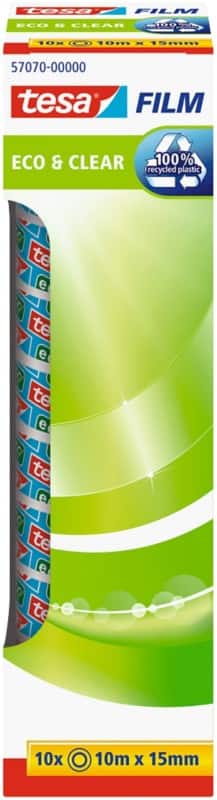 tesa Klebeband tesafilm Eco & Clear 57070 Transparent 15 mm (B) x 10 m (L) PP (Polypropylen) 100% Recycelt 10 Rollen