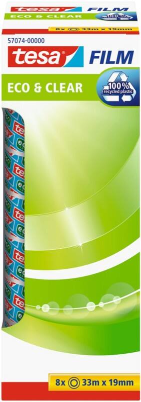 tesa Klebeband tesafilm Eco & Clear 57074 Transparent 19 mm (B) x 33 m (L) PP (Polypropylen) 100% Recycelt 8 Rollen