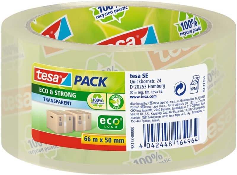 tesa Verpackungsklebeband tesapack Eco & Strong Transparent 50 mm (B) x 66 m (L) PP (Polyproplylen) 58153 Recycelt 100%