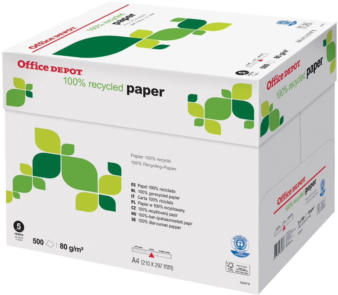 Office Depot 100% Recycling Kopier-/ Druckerpapier DIN A4 80 g/m² Hochweiß 85 CIE Box mit 5 Stück à 500 Blatt
