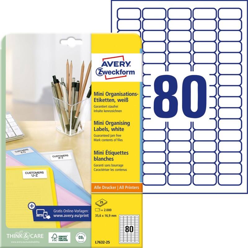 AVERY Zweckform Laser Universaletiketten L7632-25 Selbsthaftend DIN A4 Weiß 35,6 x 16,9 mm 25 Blatt à 80 Etiketten