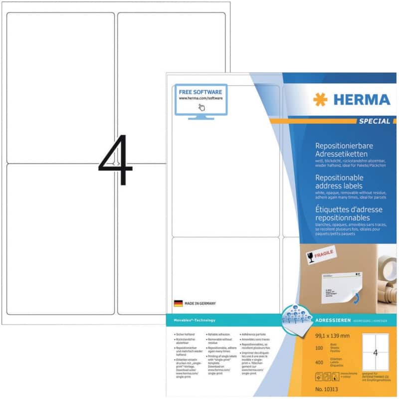 HERMA 10313 Wiederablösbare Etiketten Beweglich Weiß Rechteckig 400 Etiketten pro Packung