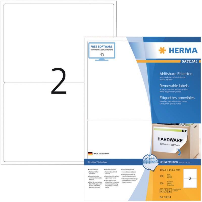 HERMA 10314 Wiederablösbare Etiketten Beweglich Weiß Rechteckig 200 Etiketten pro Packung
