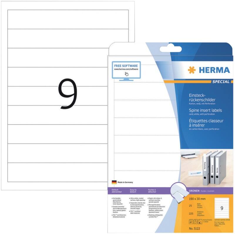 HERMA SPECIAL A4 Einsteckkarten 5122 Weiß DIN A4 30 mm 25 Blatt à 9 Etiketten