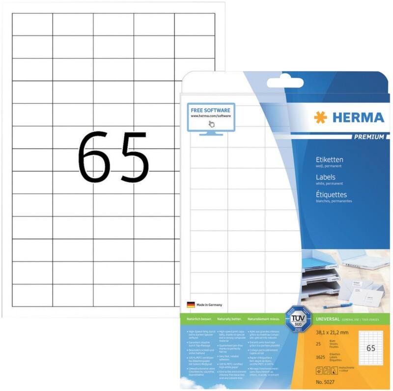 HERMA Universaletiketten 5027 Weiß DIN A4 38,1 x 21,2 mm 25 Blatt à 65 Etiketten