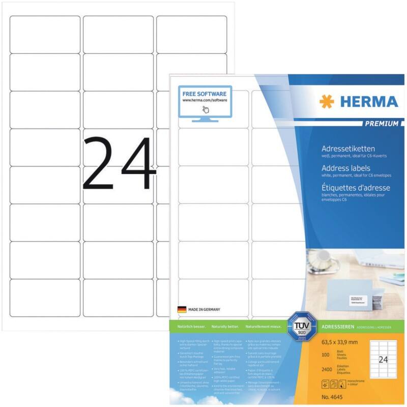 HERMA Adressetiketten 4645 Weiß DIN A4 63,5 x 33,9 mm 100 Blatt à 24 Etiketten