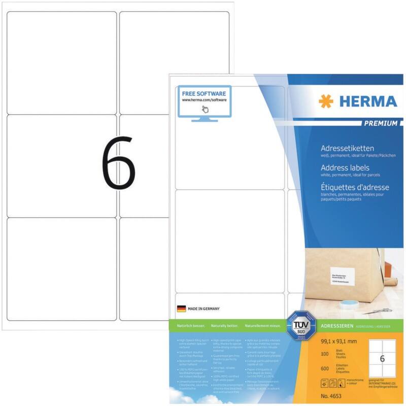 HERMA Adressetiketten 4653 Weiß DIN A4 99,1 x 93,1 mm 100 Blatt à 6 Etiketten