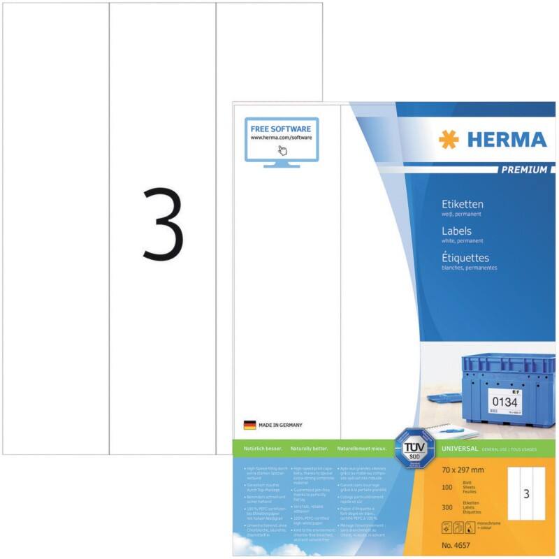 HERMA Universaletiketten 4657 Weiß DIN A4 70 x 297 mm 100 Blatt à 3 Etiketten