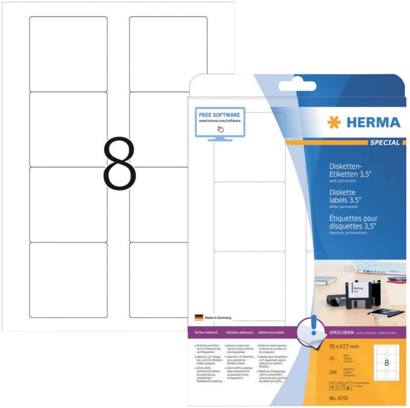 HERMA SPECIAL A4 CD/DVD Etiketten 4355 haftend DIN A4 Weiß 70 x 67,7 mm 25 Blatt à 8 Etiketten