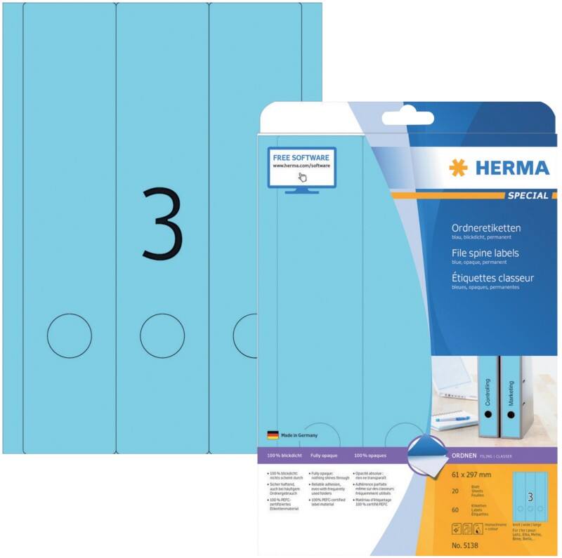HERMA Ordneretiketten 5138 Blau DIN A4 61 x 297 mm 20 Blatt à 3 Etiketten