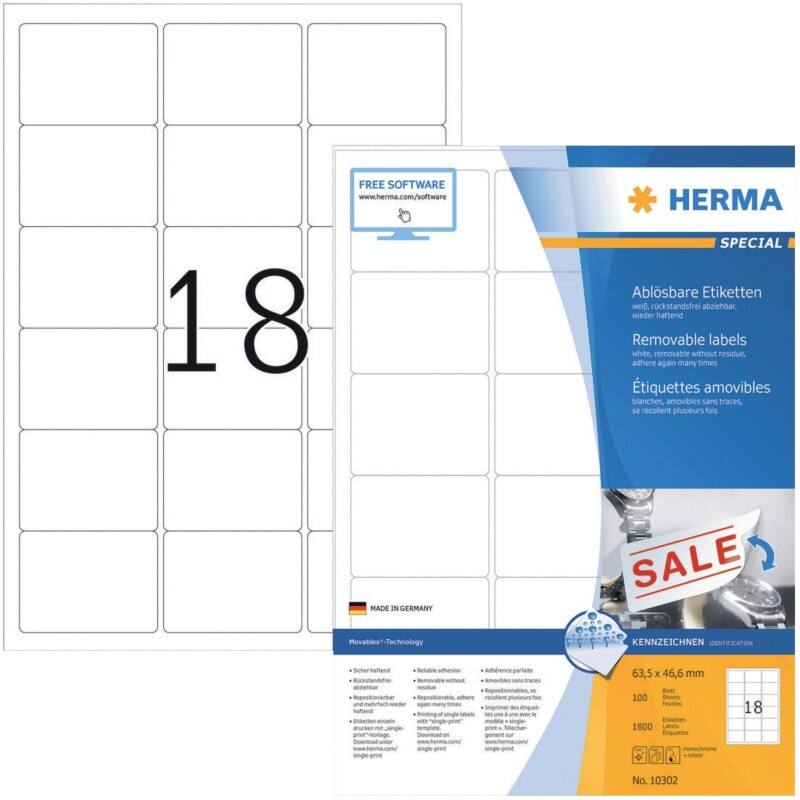 HERMA Wiederablösbare Etiketten 10302 Weiß Rechteckig 1800 Etiketten pro Packung