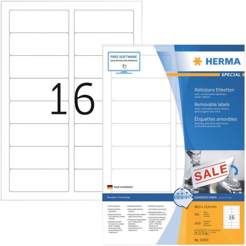 HERMA Wiederablösbare Etiketten 10303 Weiß Rechteckig 1600 Etiketten pro Packung