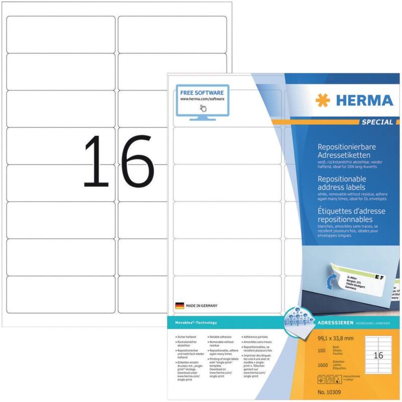 HERMA Adressetiketten 10309 Weiß Rechteckig 1600 Etiketten pro Packung
