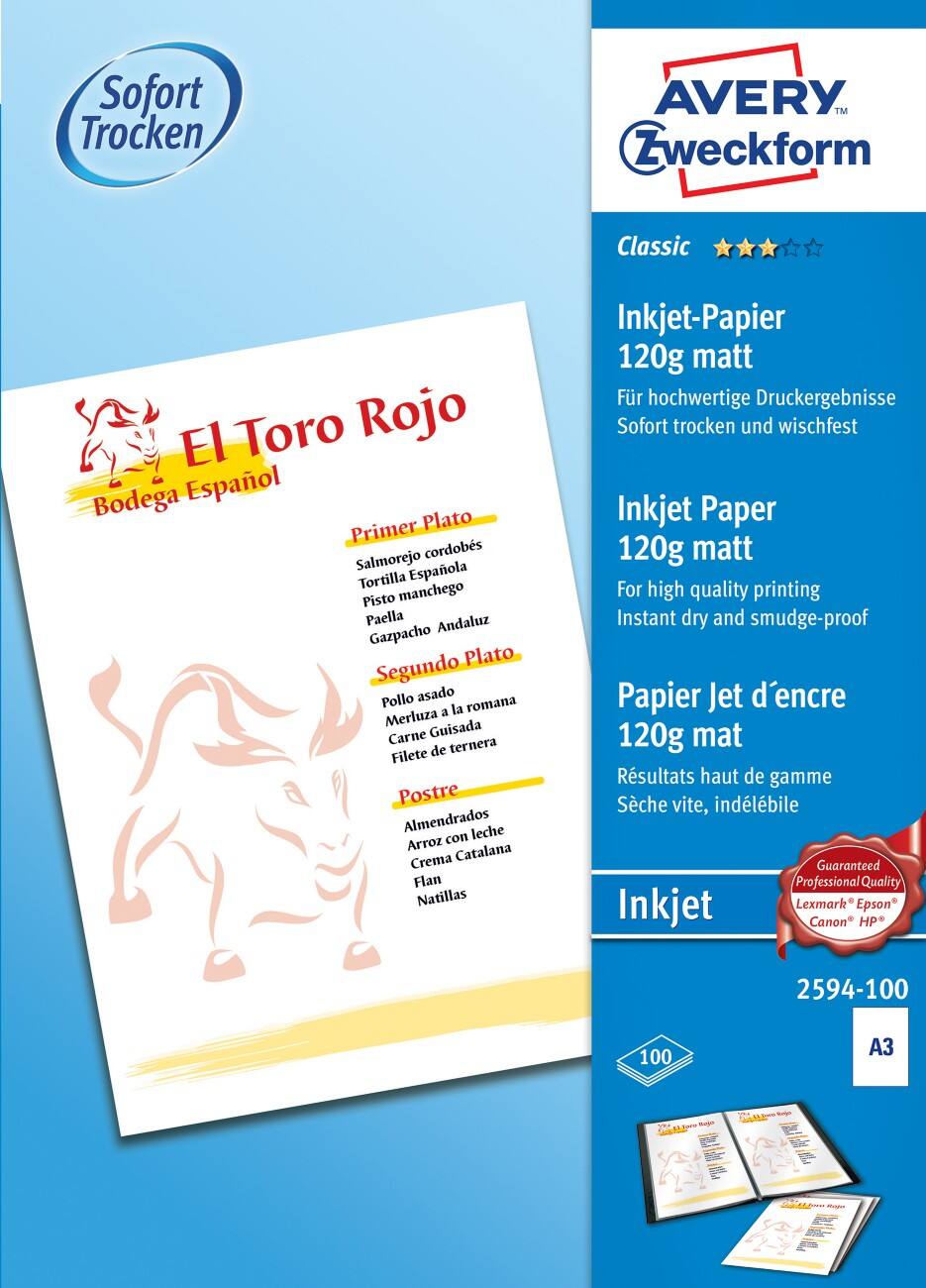 AVERY Zweckform Inkjet Fotopapier 2594-100 Weiß DIN A3 120 g/m² 100 Blatt