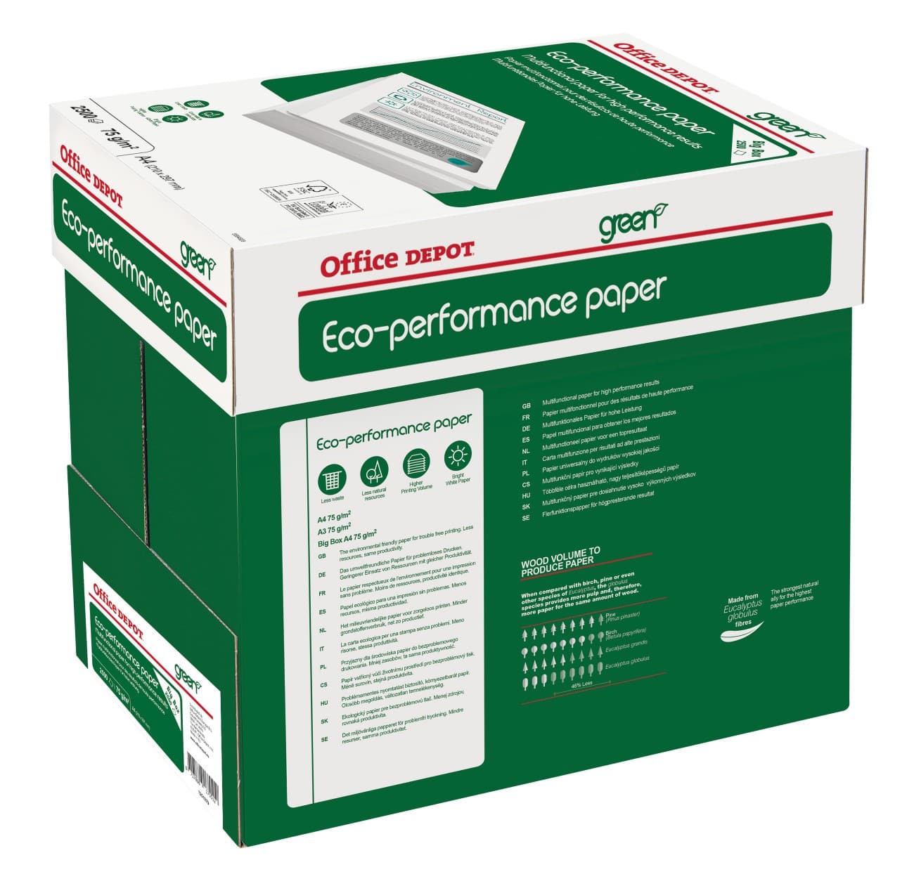 Office Depot Eco-Performance Kopier-/ Druckerpapier DIN A4 75 g/m² Weiß Quickbox mit 2500 Blatt