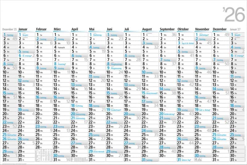 Bühner Jahreskalender B4 2026 1 Jahr pro Seite Hochformat Weiß Deutsch 102 x 68 cm