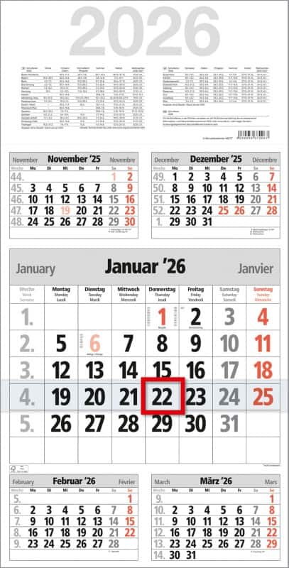 Wandkalender &#034;Take Five&#034; 2026 Sonderformat Papier Rot Deutsch, Englisch, Französisch