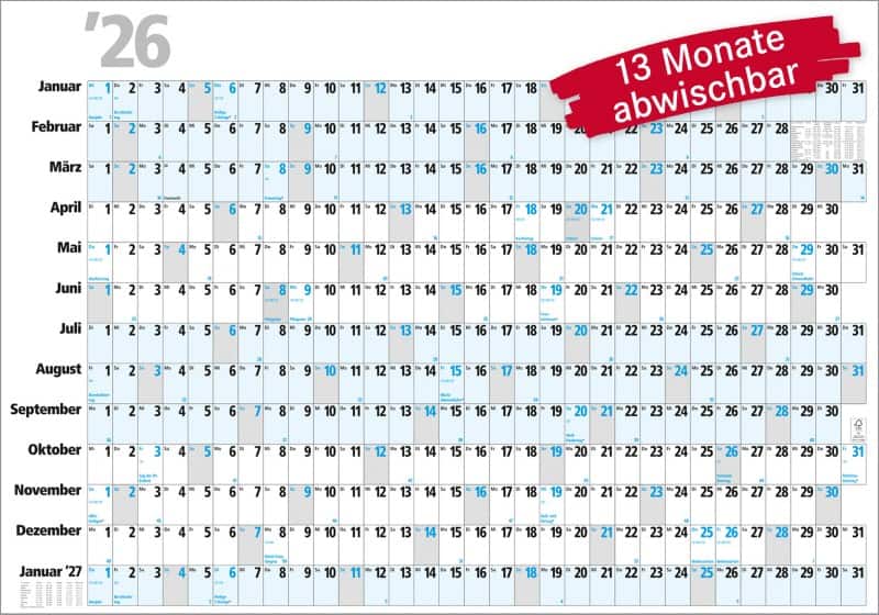 Bühner Jahreskalender B4 2026 Querformat Weiß 98 x 68,5 cm